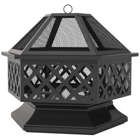 28" Outdoor Fire Pit with Grill Hexagon Fireplace Wood Burning Firepit with Cooking Grate, Fire Poker, Spark Screen Lid 28" Outdoor Fire Pit with Grill Hexagon Fireplace Wood Burning Firepit with Cooking Grate, Fire Poker, Spark Screen Lid